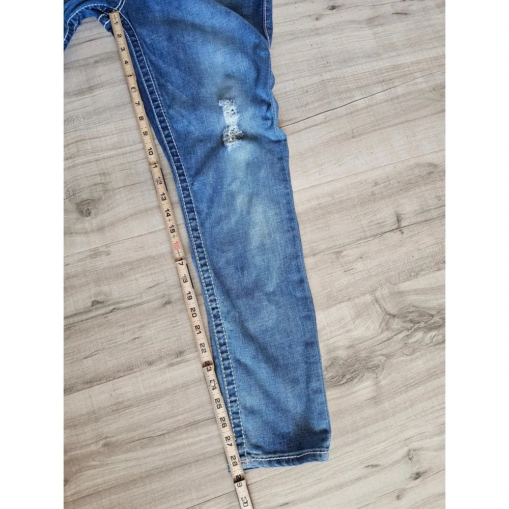 True Religion Super Skinny Mens Blue Distressed Jeans Size 33 White Stitching